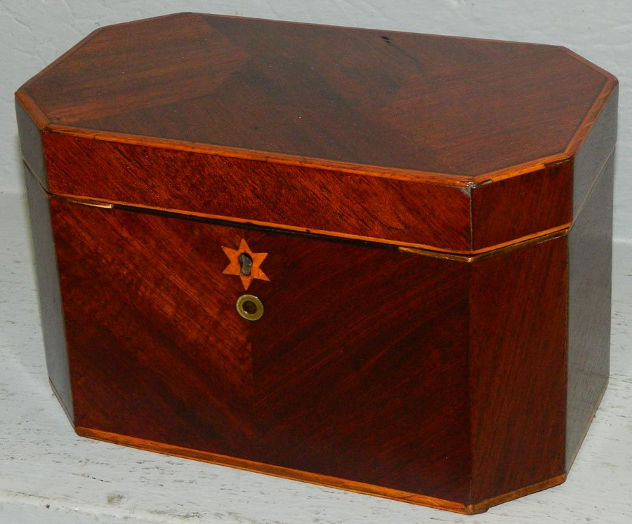 Octagonal mahog. tea  caddy w/satinwood inlay. (1 of 2)