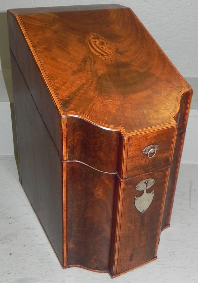 19th C. fitted mahogany inlaid knife box (1 of 2)