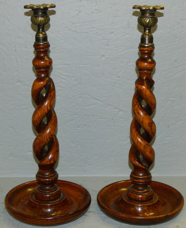 Pair of large barley twist oak candlesticks (1 of 2)