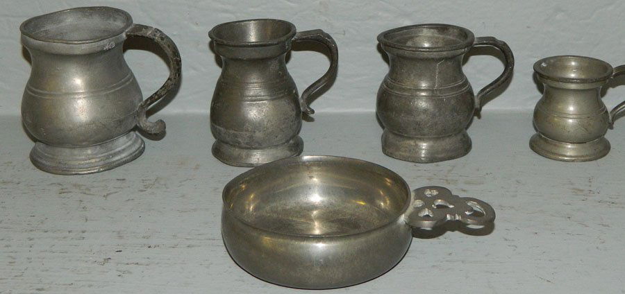 4 pewter mugs and Williamsburg porringer. (1 of 1)