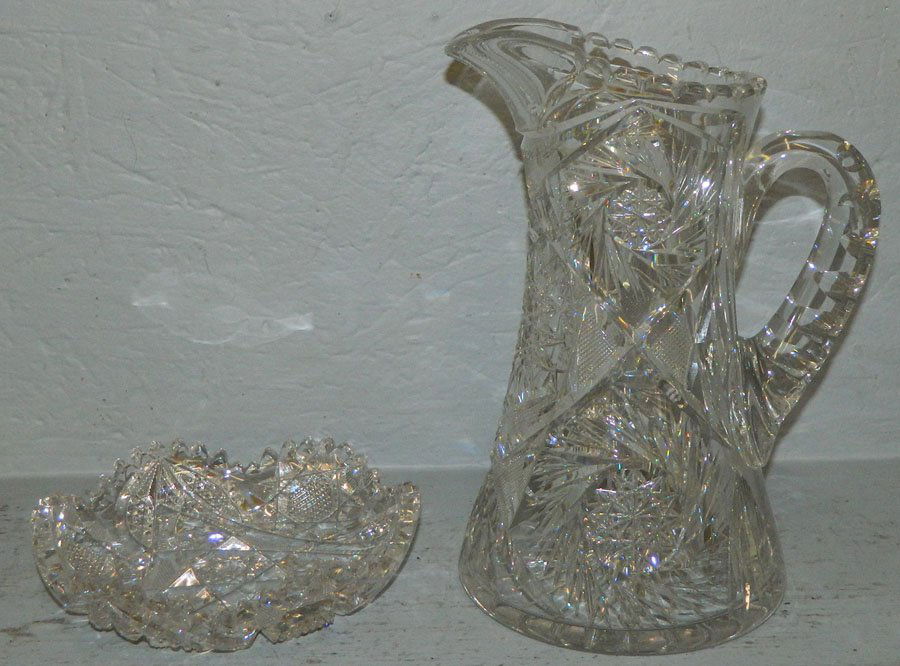 Cut glass pitcher and cut glass candy dish. (1 of 1)