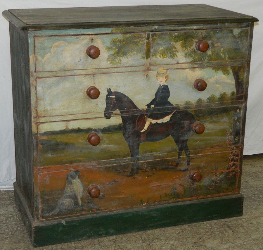 Painted wood equestran folk art ant pine chest (1 of 1)