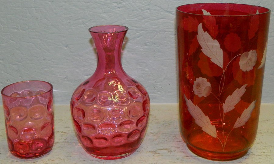 Cranberry decanter & tumbler; Etched vase. (1 of 1)