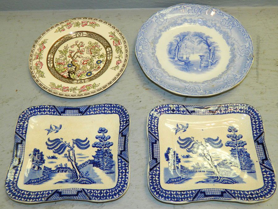 2 early Blue Willow trays; 2 antique English plates. (1 of 5)