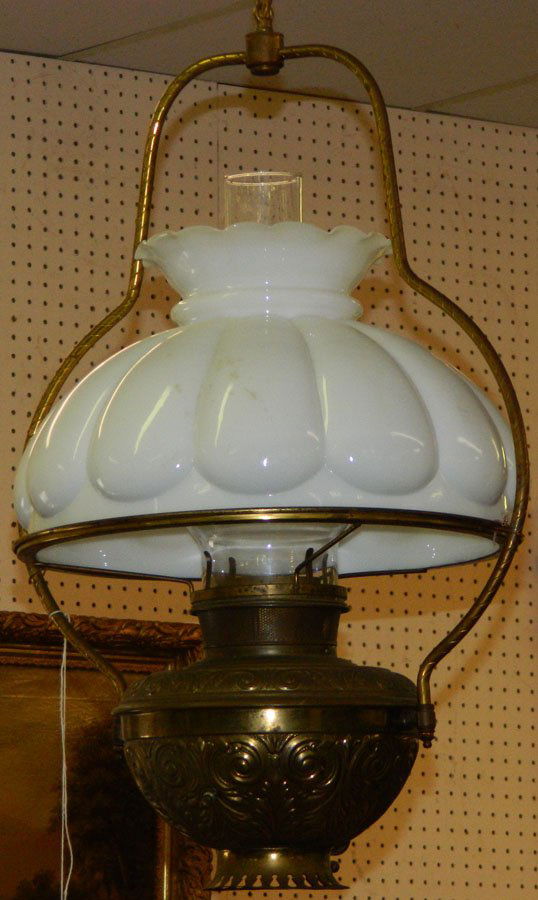 Brass hanging lamp by Bradley and Hubbard. (1 of 2)