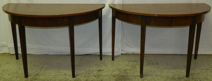 Pair of mahogany D end console tables: Pair of mahogany D end console tables. 45" x 23" x 28 1/2".