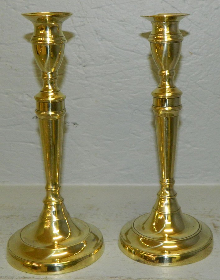 Pair of 19th c. turned base candlesticks w seams. (1 of 2)