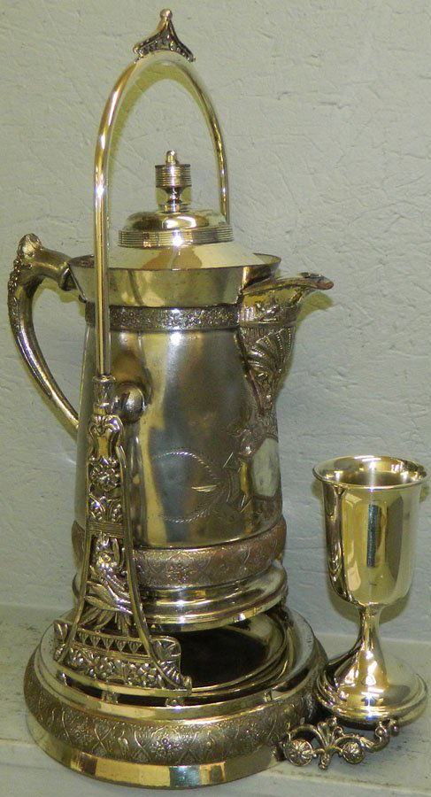 Silver plate kettle on stand w/ goblet. 21" tall. (1 of 3)