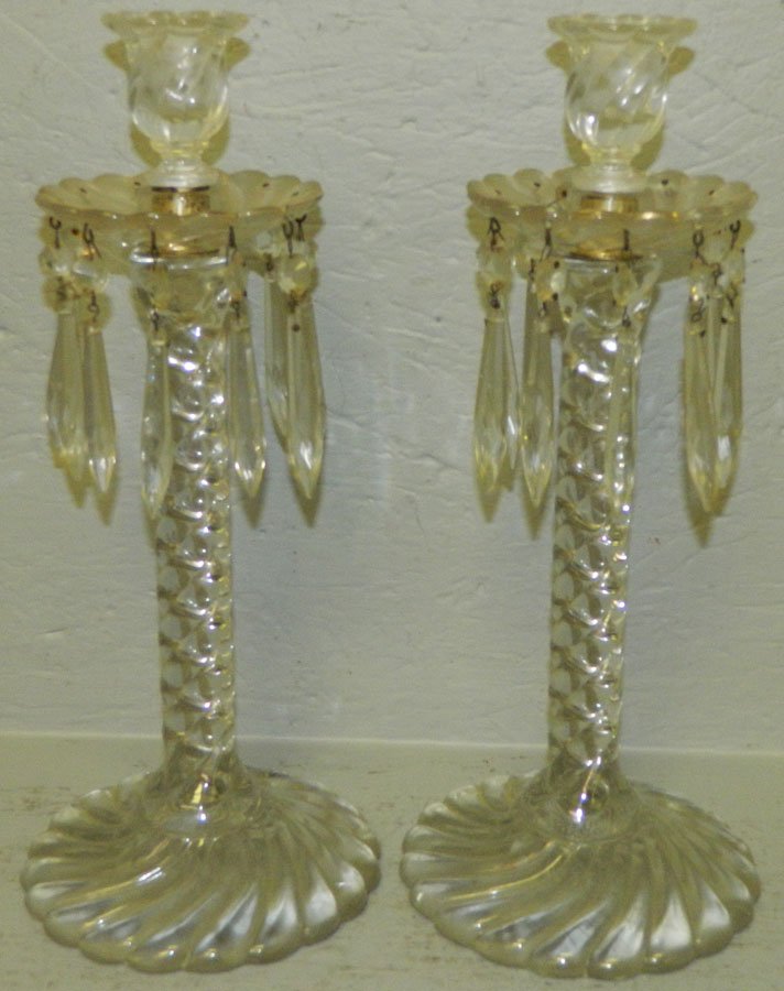 Pair of pattern glass candlesticks with prisms (1 of 1)