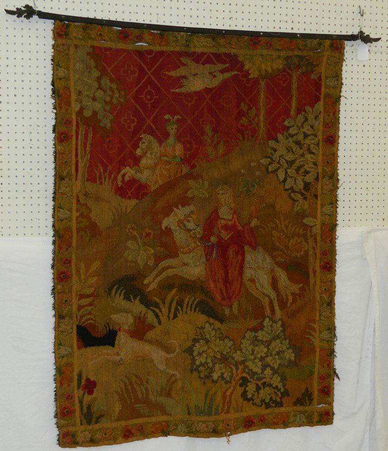 19th C. hunt scene tapestry on hanging rod. (1 of 6)