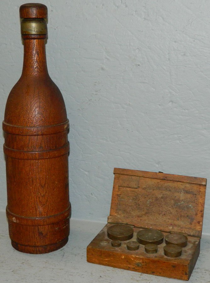 Vintage oaken bottle w/lid & ant. brass weights (1 of 1)