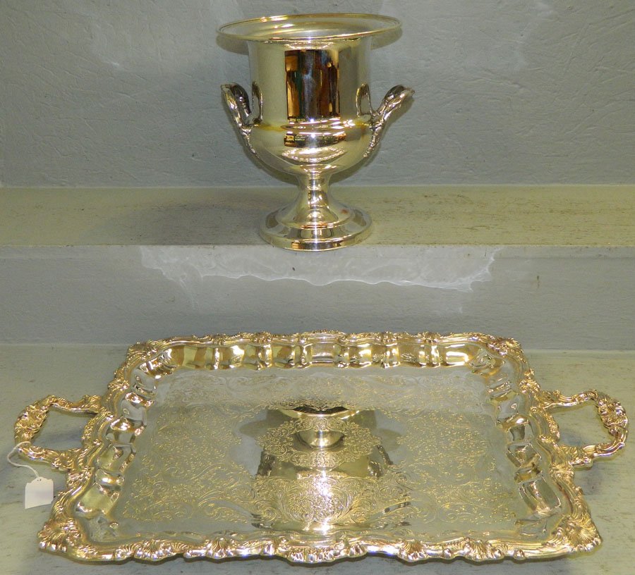 Silver plated 2 handled tray and wine cooler: Silver plated 2 handled tray; silver plated wine cooler