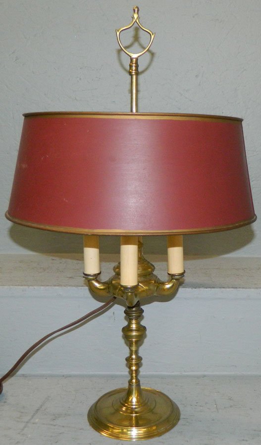 Brass bouillotte lamp with Tole shade. 22" tall.: Brass bouillotte lamp with Tole shade. 22" tall.