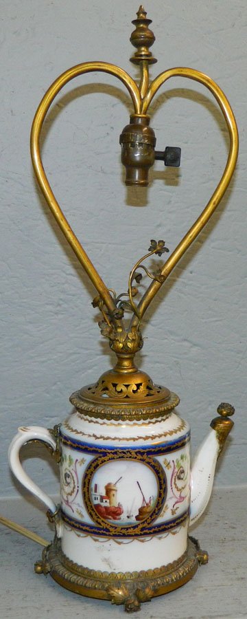 Old Paris bl & gold dec. teapot w/ brass mounting. (1 of 3)
