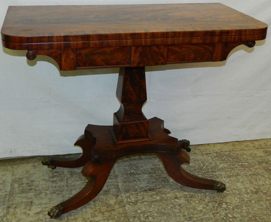 19th C. Crotch mah brass inlaid Reg. game table. (1 of 4)