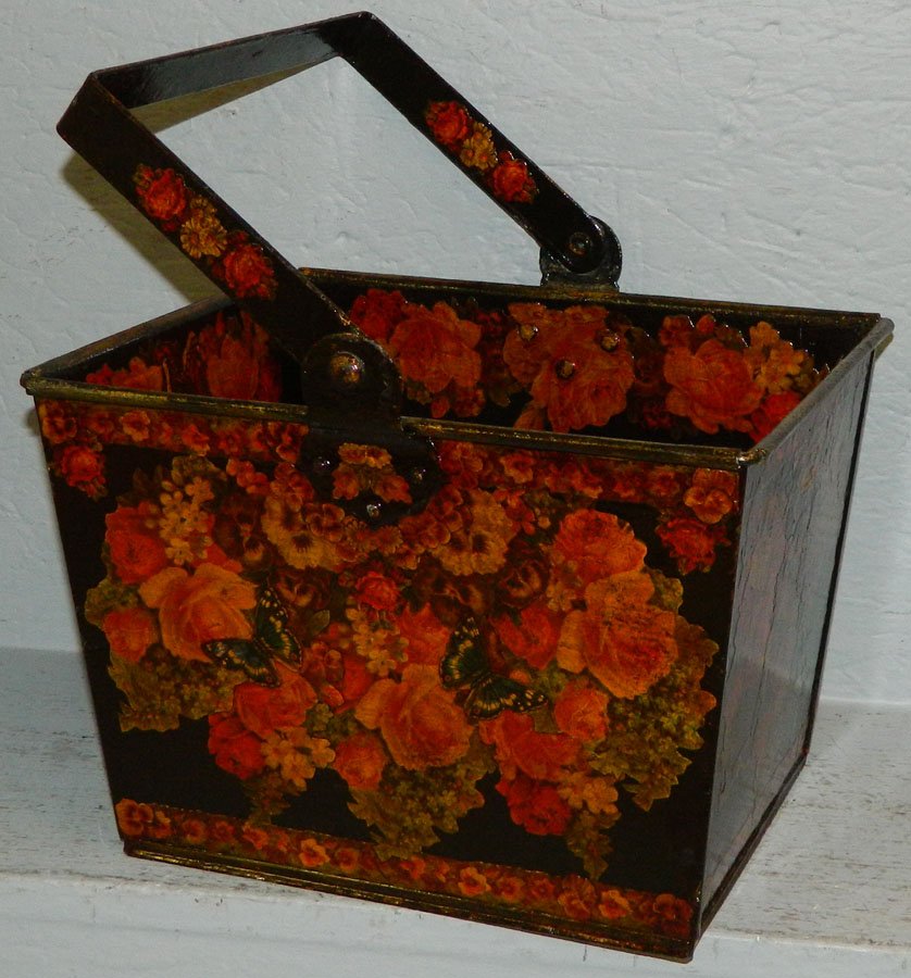 Tole decorated paper mache basket with handle. (1 of 2)