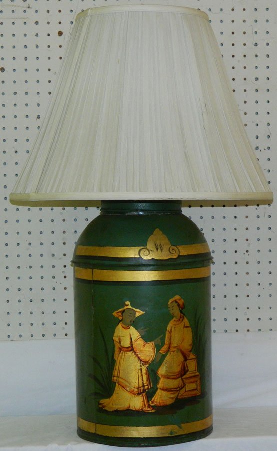 Tole painted tea canister lamp with shade. (1 of 2)