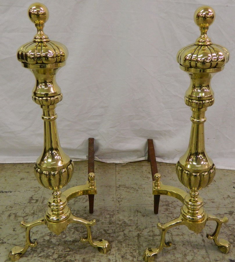 Pair of brass polished andirons. 23 1/2" tall.: Pair of brass polished andirons. 23 1/2" tall.