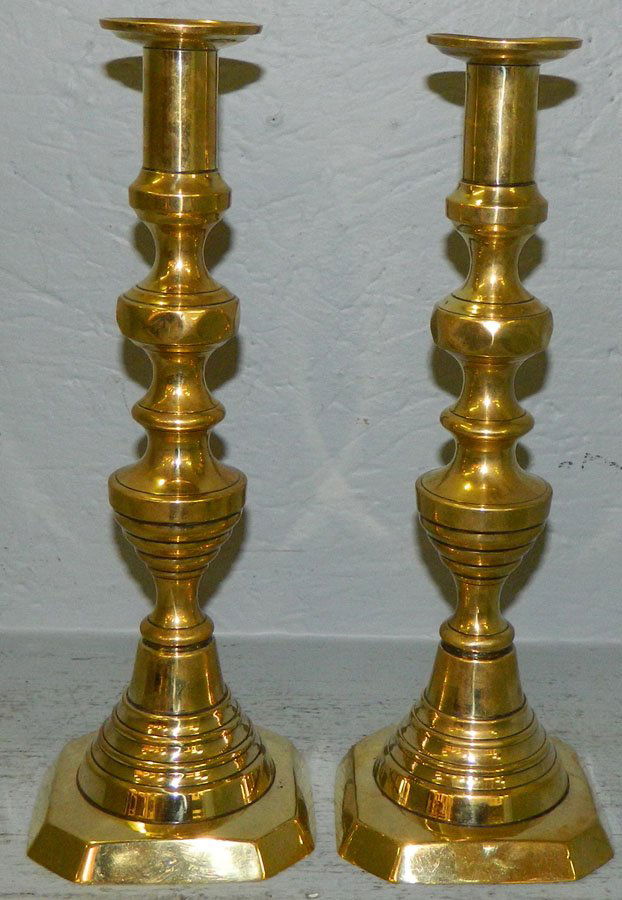 Pair of 19th c. beehive candlesticks. 12" tall. (1 of 2)