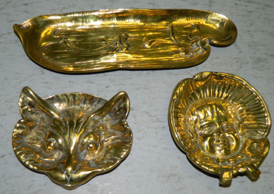 3 brass trays; cat, little girl & art Noveau motifs. (1 of 1)