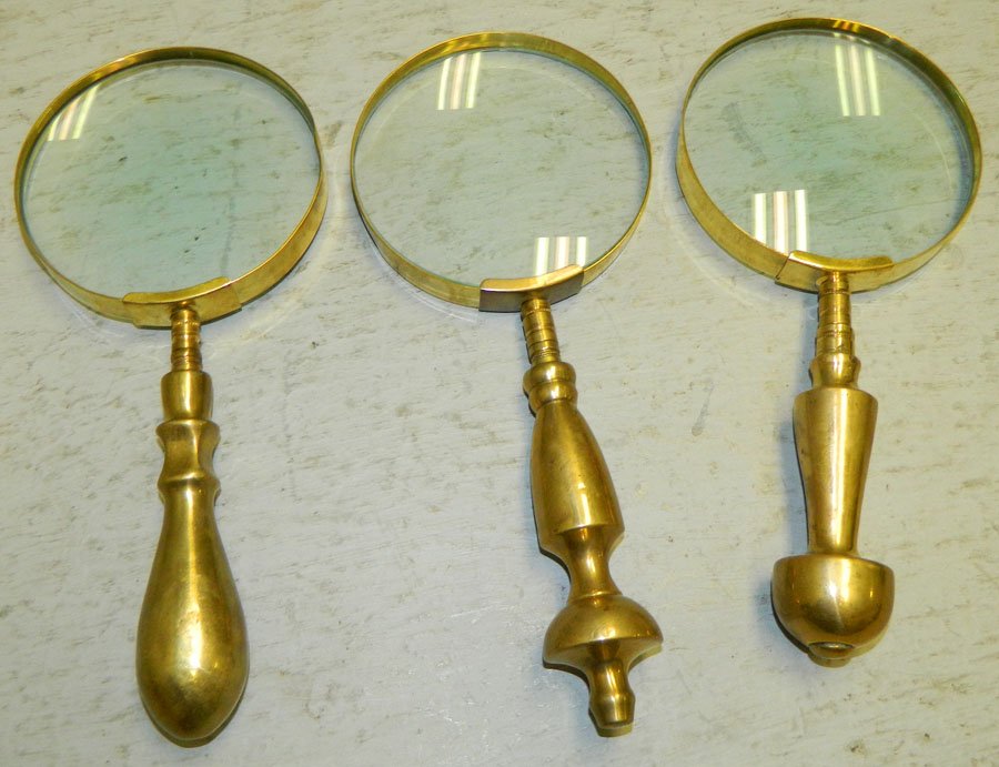 3 brass handle magnifying glasses.: 3 brass handle magnifying glasses.