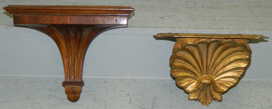 2 odd mahogany and gilt brackets: 2 odd mahogany and gilt brackets.7" to 9" tall.