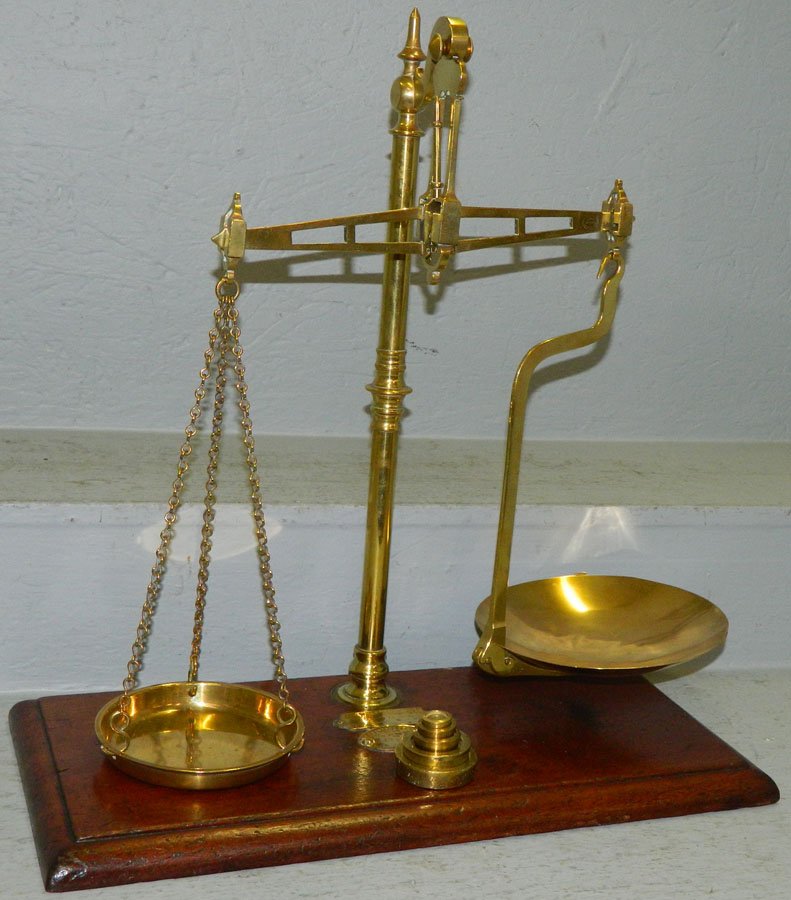 19th c. English brass scale with weights (1 of 3)