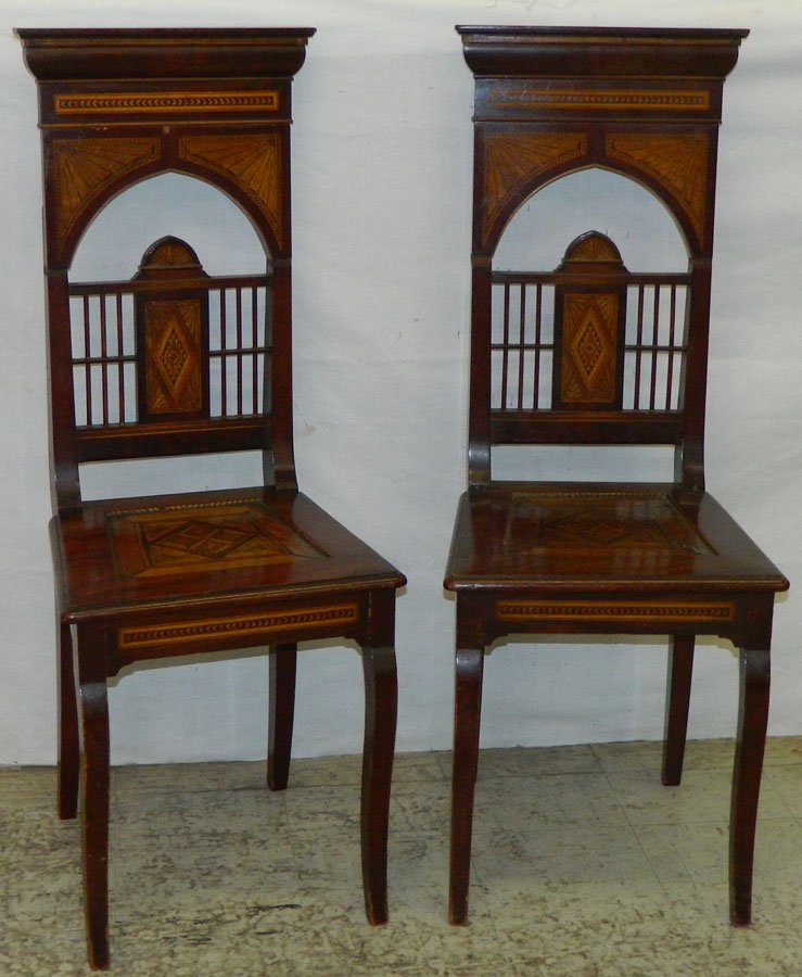 Pair of Edwardian inlaid music room chairs.: Pair of Edwardian inlaid music room chairs. 41 1/2" tall.