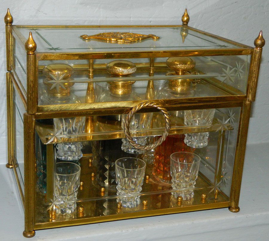 3 bottle brass mounted Tantalus set with glasses (1 of 4)