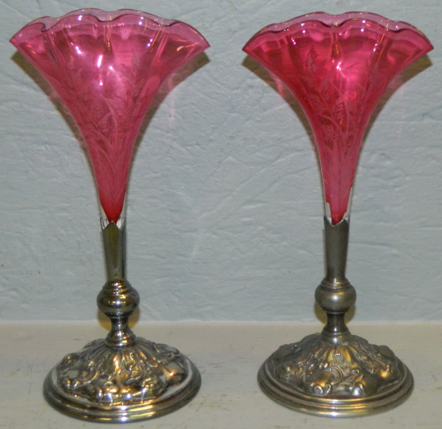 Pair of cranberry and silver epergnes: Pair of cranberry and silver epergnes. 9" tall.