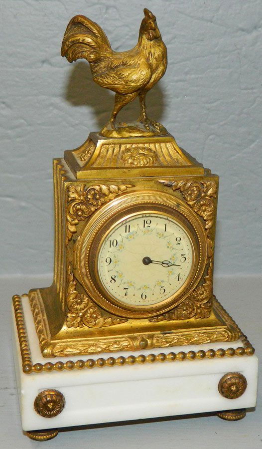Min. French bronze & marble rooster figural clock (1 of 2)