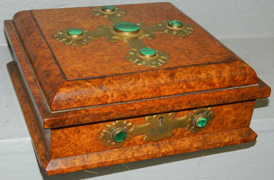 19th C. Burl and malachite jeweled game box (1 of 3)