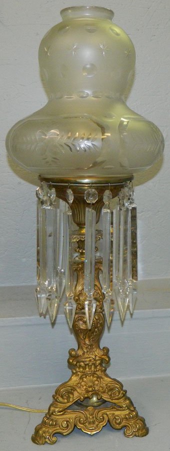 19th C. bronze oil prism lamp w/astro cut shade (1 of 2)