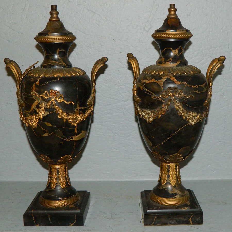 Par of brass and marble cassolettes: Pair of bronze and marble cassolettes. 14" tall.