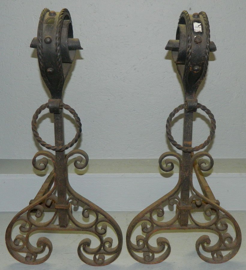 Victorian wrought iron andirons: Victorian wrought iron andirons. 28 1/2".