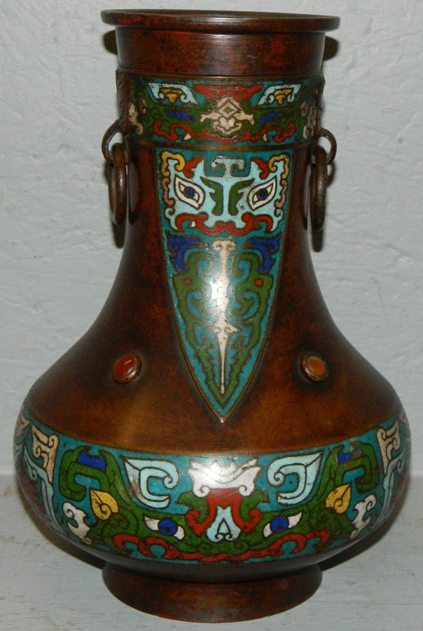 Jeweled inset Champleve vase, marked.: Champleve Vase with jeweled insets and character mark. 12" tall.