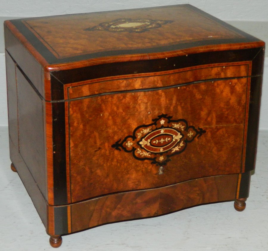 Marquetry inlaid burl walnut full Tantalus set. (1 of 4)