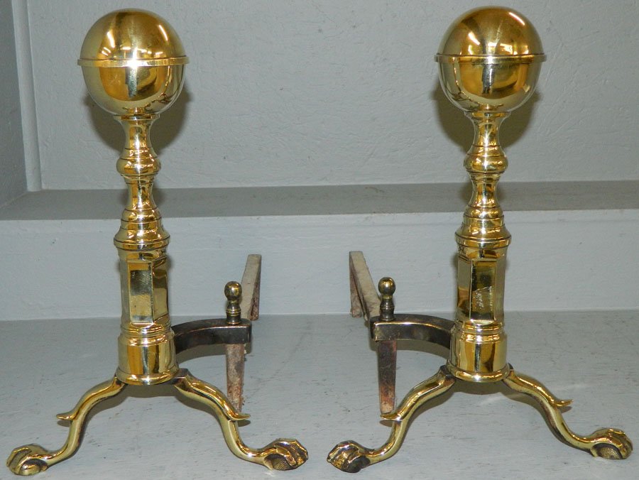 Pr.19th C. ball & claw brass cannonball andirons. (1 of 1)