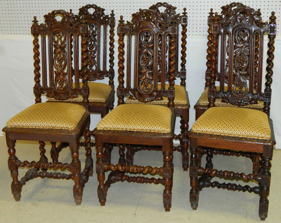 Set 6 carved Eng. oak barley twist dining chairs. (1 of 2)
