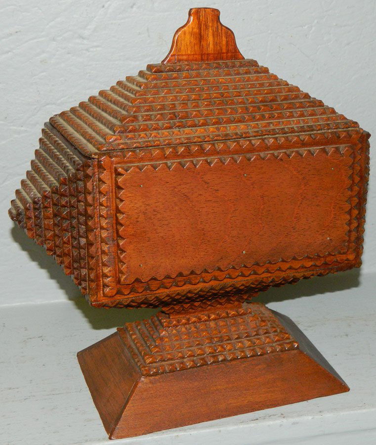 Tramp art covered box with lid on pedestal base. (1 of 2)