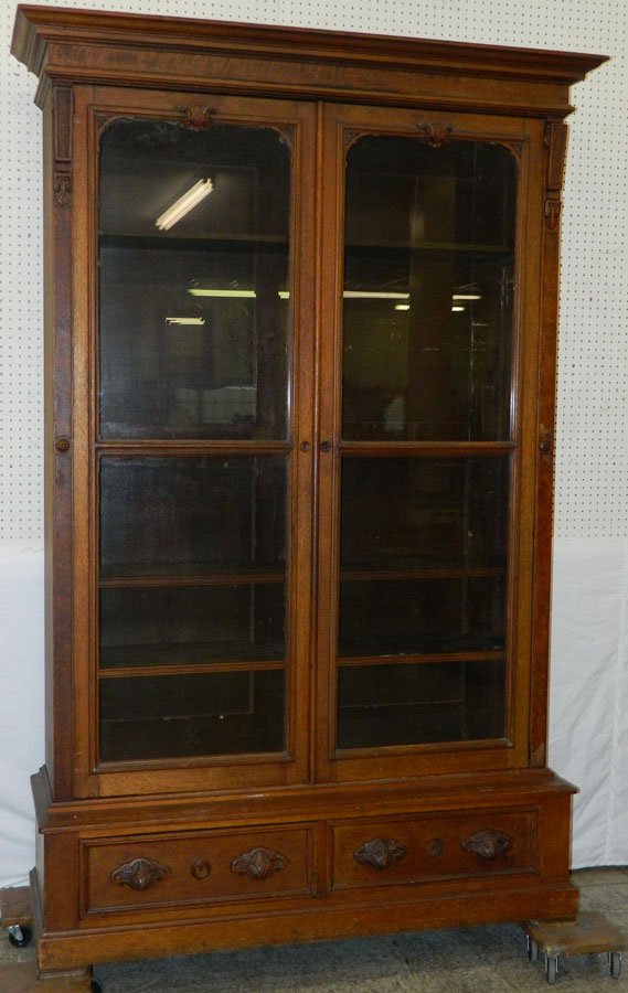 19th C Walnut bookcase w/ 2 drawer offset base (1 of 1)