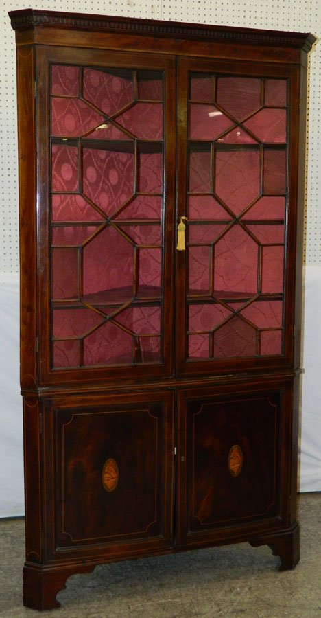 19th C. inlaid English glass door corner cabinet. (1 of 3)