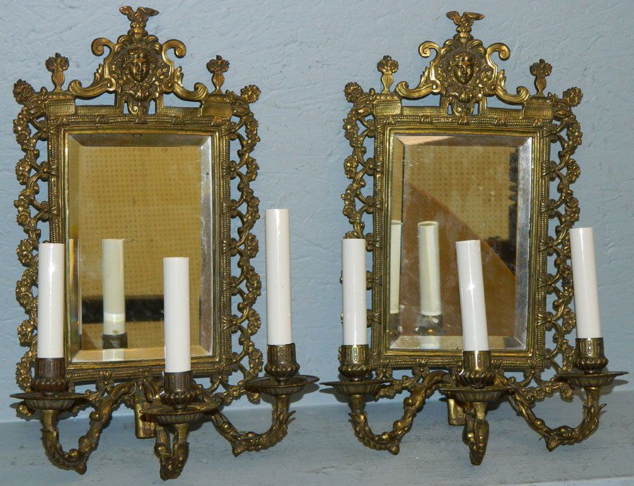 Pair of brass mirrored wall sconces. (1 of 1)