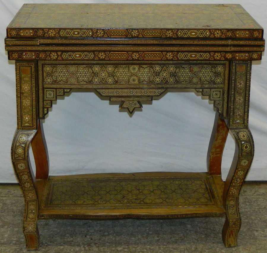 Syrian inlaid game table. 34" tall x 33" x 34" open. (1 of 7)