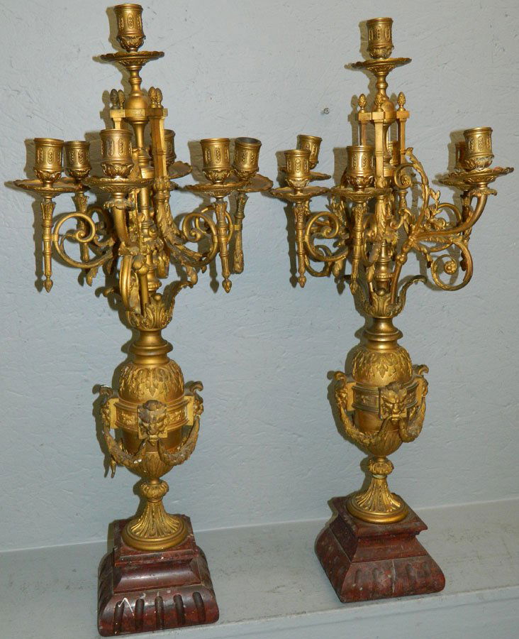 Pr French bronze & rouge marble 7 light c/labras. (1 of 1)