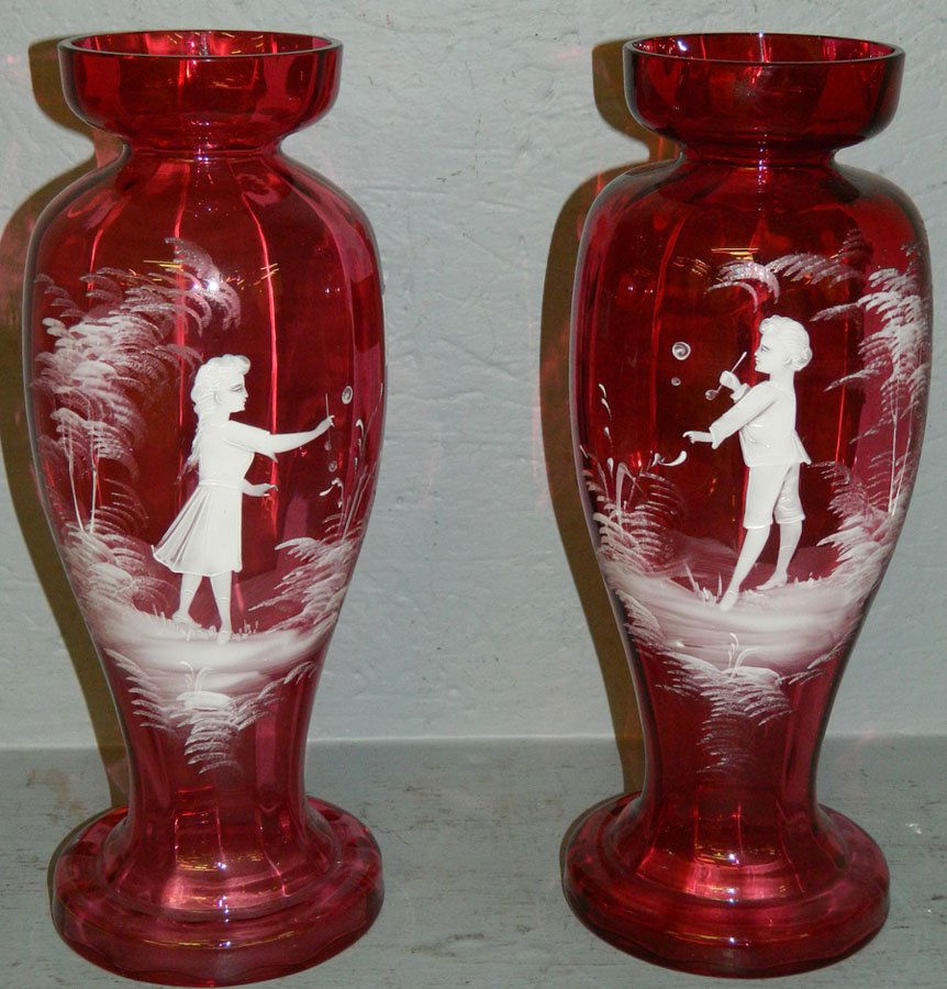 Pair Cranberry etched Mary Gregory vases (1 of 2)