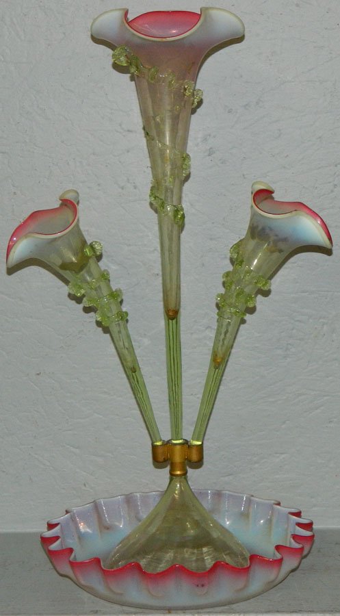 Vict. Art Glass epergne from Clinton NC estate: 3-arm Victorian Art Glass epergne from Clinton NC estate. 20 1/2" tall.