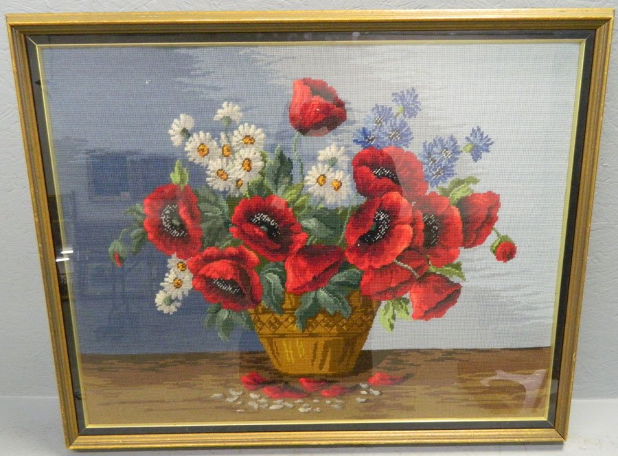 Framed needle work of still life with poppies (1 of 1)