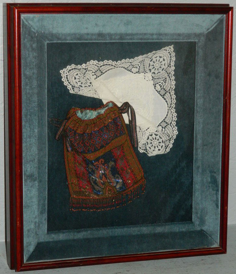Framed crochet doily and beaded bag (1 of 1)