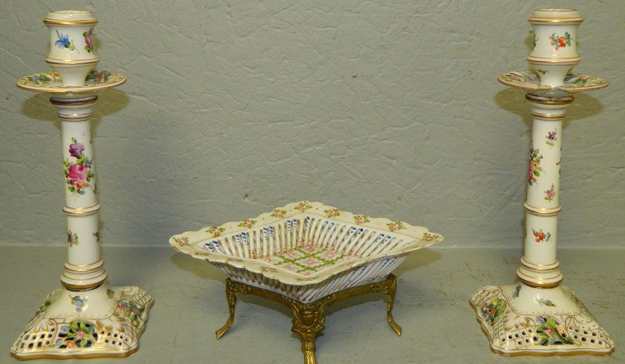 Pr. HP Dresden candlesticks & reticulated bowl (1 of 3)